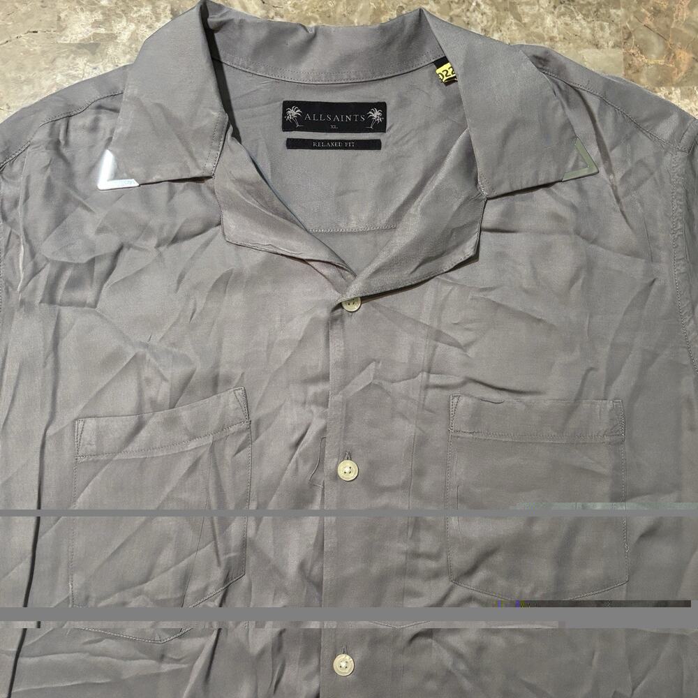 All Saints Hawaiian Shirt Mens XL Relaxed Fit Grey Camp Collar Metal Trim